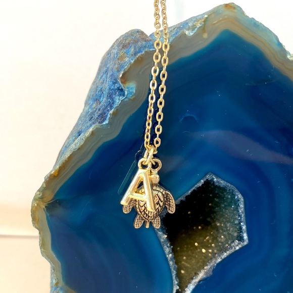 Jewelry - gold sea turtle and initial charm necklace